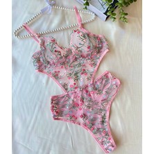Kadın Pembe Çiçekli Transparan Bodysuit Iç Çamaşır Takımı