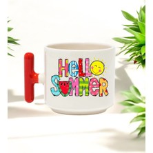 Hello Summer Tasarımlı Kırmızı T Kulplu Seramik Baskılı Kupa Bardak 250 ml