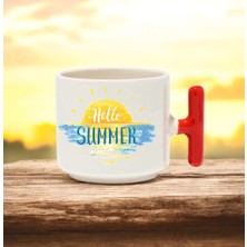 Hello Summer Yazı Tasarımlı Kırmızı T Kulplu Seramik Baskılı Kupa Bardak 250 ml