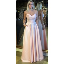 Pudra Ip Askılı  Sırt Dekolteli  Kloş Etekli Saten Uzun Abiye Elbise 7783