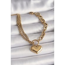 Clariss 316L Çelik Gold Renk 2'Li Zincir Model Kalp Figür Kadın Bileklik