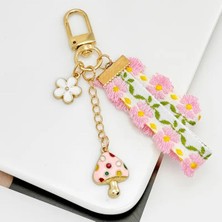 Mineli Pembe Papatya Örgü Pembe Mantar Beyaz Çiçek Anahtarlık Charm