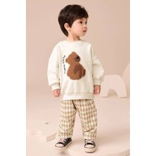 Miniğimin Cicileri Kareli Ayıcık Panç Işleme Detaylı Erkek çocuk takım - Krem