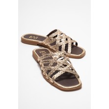 Alısha Altın Hakiki Deri Örgü Bantlı Kadın Terlik