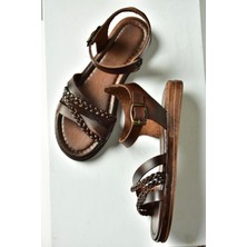 U390906403 Kahverengi Hakiki Deri Kadın Sandalet