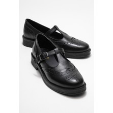 Janney Siyah Cilt Hakiki Deri Bantlı Kadın Loafer Ayakkabı