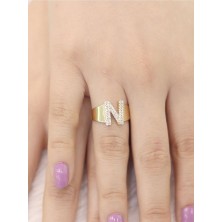 14 Ayar Altın Büyük N Harfli Taşlı Yüzük