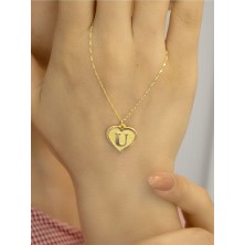 14 Ayar Altın Kalpli U Harfli Kolye