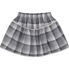 Antebies Gri Ekose Desenli Dantel Detaylı Beli Lastikli Kız Çocuk Etek