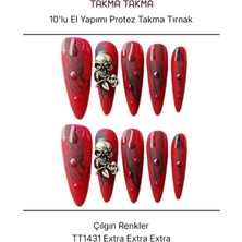 Takma Takma 10'lu Kırmızı Extra Extra Extra TT1431 Tekrar Kullanılabilir El Yapımı Protez Takma Tırnak - Kırmızı-L