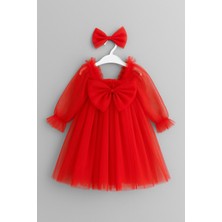 Kız Çocuk Kırmızı Tül Fiyonklu Elbise