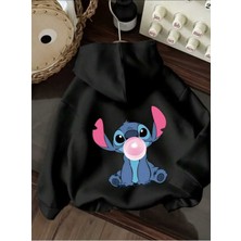 Stitch Arka Baskılı Kapüşonlu Cepli Içi Yünlü Siyah Sweatshirt