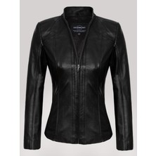 Hakiki Deri Siyah Önden Fermuarlı Kadın Deri Ceket
