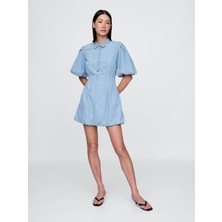 Gap Kadın Açık Mavi Denim Bubble Mini Gömlek Elbisesi