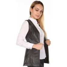 Hakiki Deri Siyah Önü Fermuarlı Kadın Deri Yelek