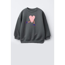 Kız Çocuk Kalp Baskılı 3 Iplik Kumaş Pamuklu Sweatshirt