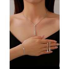 Gümüş Kaplama Damla Kolye , Küpe ve Bileklik 3lü Set Davet Düğün Nişan Abiye