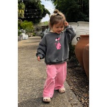 Kız Çocuk Pembe Panter Baskılı 3 Iplik Kumaş Pamuklu Sweatshirt