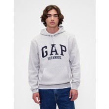Gap Erkek Gri Relaxed Kapüşonlu Sweatshirt Uzun Kollu Cepli Baskılı Gap İstanbul Logolu