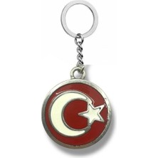 Kırmızı Zeminli Ay Yıldız Figürlü Gümüş Renk Metal Anahtarlık – Millî Ruhlu Parlak Tasarım