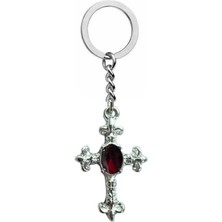 Kırmızı Mineli Gotik Haç Unisex Anahtarlık – Gücün ve Tutkunun Simgesi