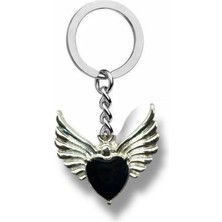 Gotik Siyah Kalp Kanat Detaylı Unisex Anahtarlık – Karanlığın Zarafeti