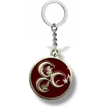 Üç Hilal Tuğralı Bozkurt ve Ay Yıldız Figürlü Metal Künye Anahtarlık – Gümüş Renk Unisex Aksesuar