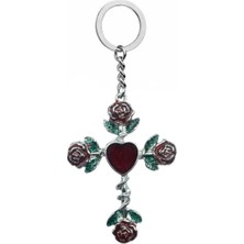 Kırmızı Güllü Haç Figürlü Unisex Anahtarlık – Gotik Romantizmin Simgesi, Anlam Yüklü Aksesuar