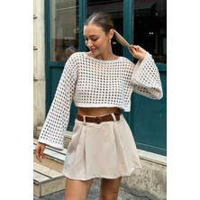 Bohem Beyaz Dantel Crop Bluz – Uzun Kollu, Bol Kesim