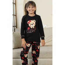 Küçük Sevimli Ayıcık Desenli Kız Çocuk Pijama Takımı - Siyah