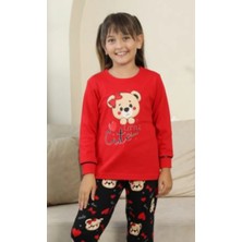 Küçük Sevimli Ayıcık Desenli Kız Çocuk Pijama Takımı - Kırmızı