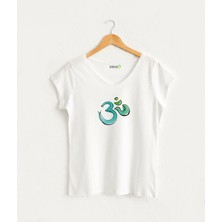 Suluboya Om Sembollü Kadın V Yaka %100 Pamuklu Yoga Tasarım T-Shirt