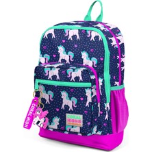 Lacivert Pembe Unicorn Desenli Dört Gözlü Yandan Cepli  Okul Sırt Çantası