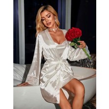 Secretsita Dantel Işlemeli Ince Askılı Beyaz Saten 2li Gecelik Sabahlık Takımı