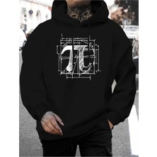 Pi Sayısı Baskılı Kapüşonlu Cepli Pamuklu Siyah Sweatshirt