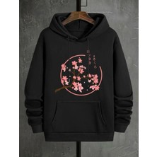 Çiçek Dal Desenli  2 Iplik Şardonlu Kapüşonlu Cepli Sweatshirt