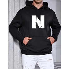 N Harfli Desenli Efsane Ürün  2 Iplik Şardonlu Kapüşonlu Cepli Sweatshirt