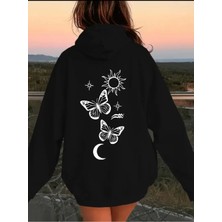 Güneş Kelebek Ay Baskılı Kapüşonlu Cepli 2 Iplik Şardonlu Içi Yünlü  Sweatshirt