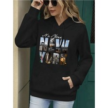 Newyork Baskılı  Cepli Kapüşonlu Sweatshirt