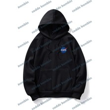 Unisex Siyah Nasa Baskılı Oversize Kapşonlu