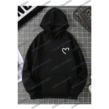 Yarım Kalp Sweatshirt - Siyah Baskılı Oversize Kışlık Kalın