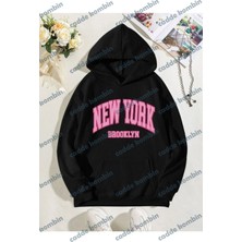 New York Brooklyn Sweatshirt - Siyah Baskılı Oversize Kışlık Kalın