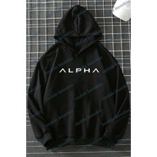 Unisex Siyah Alpha Baskılı Kapşonlu