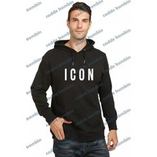 Unisex Siyah Icon Göğüs Baskılı Kapşonlu