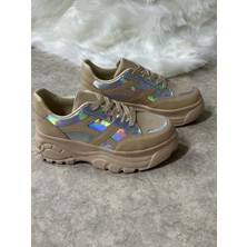 Günlük Kadın Sneaker Kalın Yüksek Taban Bağcıklı Rahat Tiger Şeritli Spor Ayakkabı 032