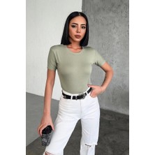 Rahat ve Şık Kısa Kollu Bisiklet Yaka Likralı Viskon Penye Body Haki