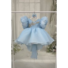 Bebe Mavi Balon Kol Nakış ve Boncuk Işlemeli Kuyruklu Fiyonk Detaylı Abiye Elbise