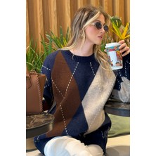 Lela Oversize Fit Bisiklet Yaka Baklava Desenli Kazak Bayan Kazak 4615578