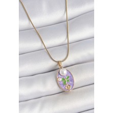 Clariss 316L Çelik Gold Renk Zincir Mor Mineli Oval İncili Çiçek İşlemeli Portre Model Kadın Kolye