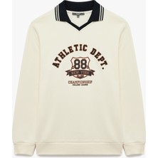 Renk Kontrastlı Polo Yaka Uzun Kollu Kolej Baskılı Sweatshirt